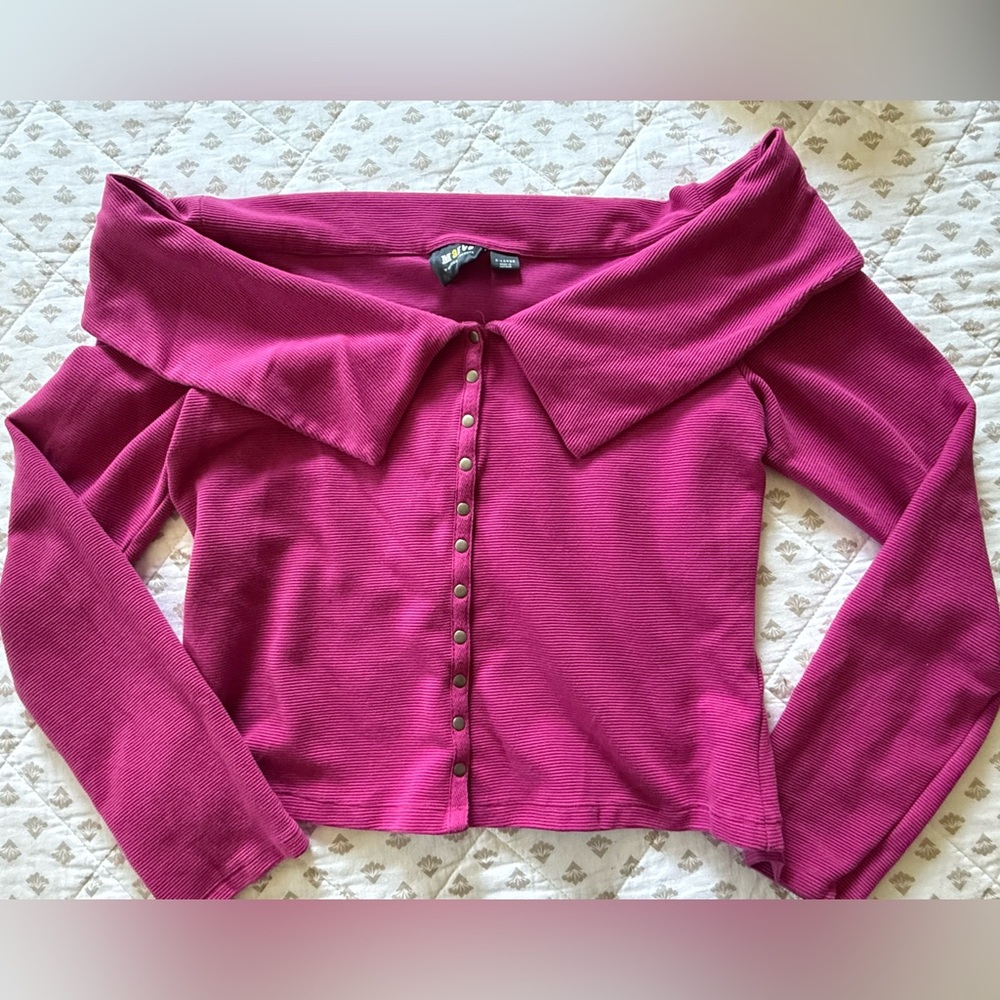 Anthro Pink Off-Shoulder Button-Up Top